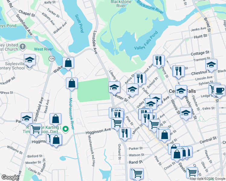 map of restaurants, bars, coffee shops, grocery stores, and more near 1065 Dexter Street in Central Falls