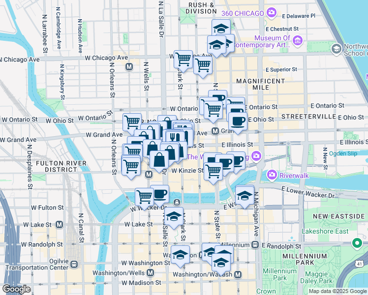 map of restaurants, bars, coffee shops, grocery stores, and more near 111 West Illinois Street in Chicago