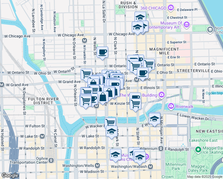 map of restaurants, bars, coffee shops, grocery stores, and more near 111 West Illinois Street in Chicago