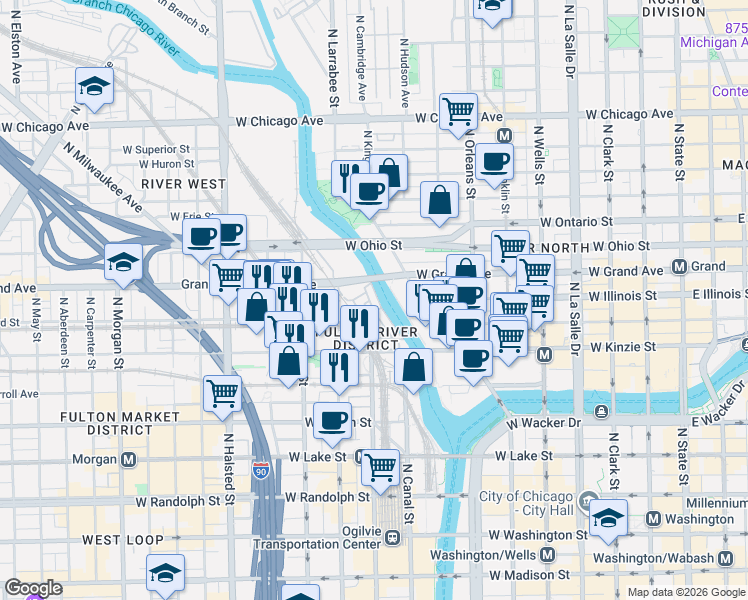 map of restaurants, bars, coffee shops, grocery stores, and more near 486 North Clinton Street in Chicago