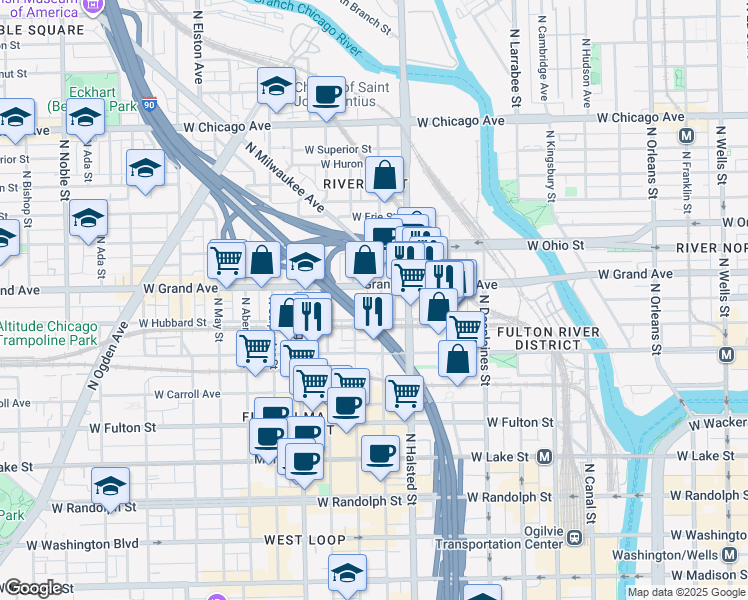map of restaurants, bars, coffee shops, grocery stores, and more near in Chicago