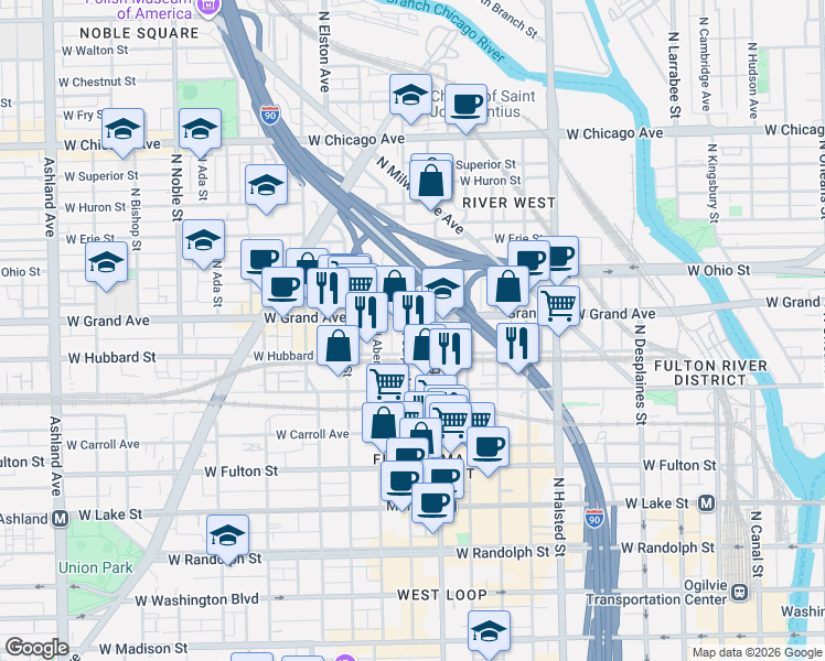 map of restaurants, bars, coffee shops, grocery stores, and more near 456 North Morgan Street in Chicago
