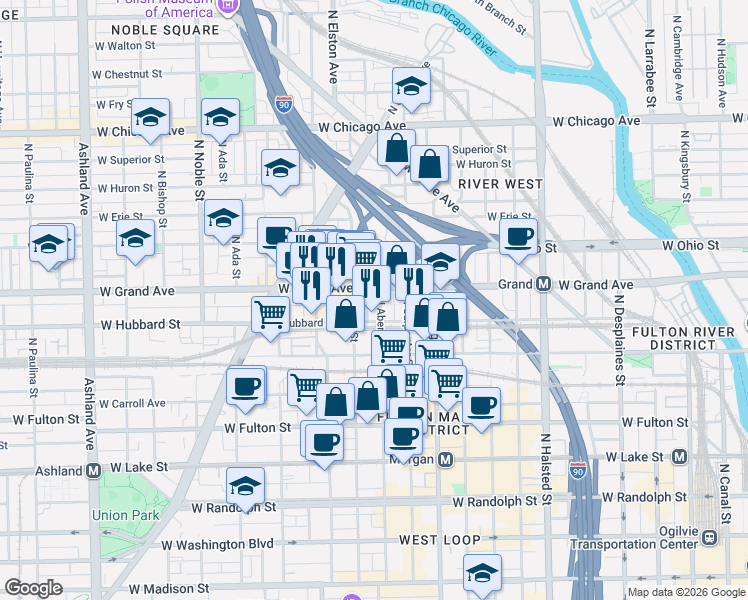 map of restaurants, bars, coffee shops, grocery stores, and more near in Chicago