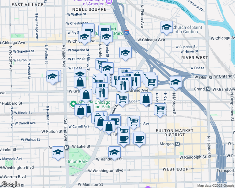 map of restaurants, bars, coffee shops, grocery stores, and more near 451 North Ogden Avenue in Chicago