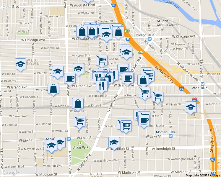 map of restaurants, bars, coffee shops, grocery stores, and more near in Chicago