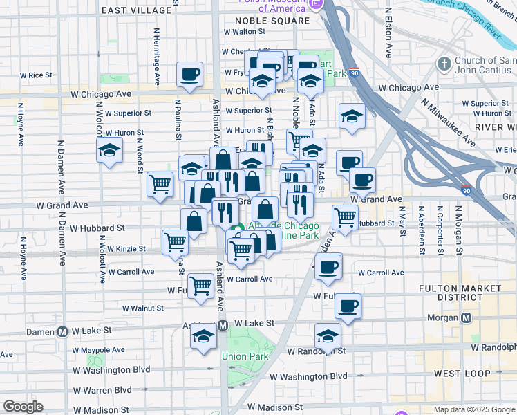 map of restaurants, bars, coffee shops, grocery stores, and more near 1453 North Noble Street in Chicago