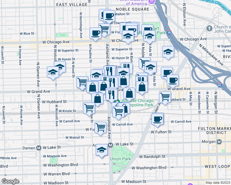 map of restaurants, bars, coffee shops, grocery stores, and more near 1509 West Grand Avenue in Chicago