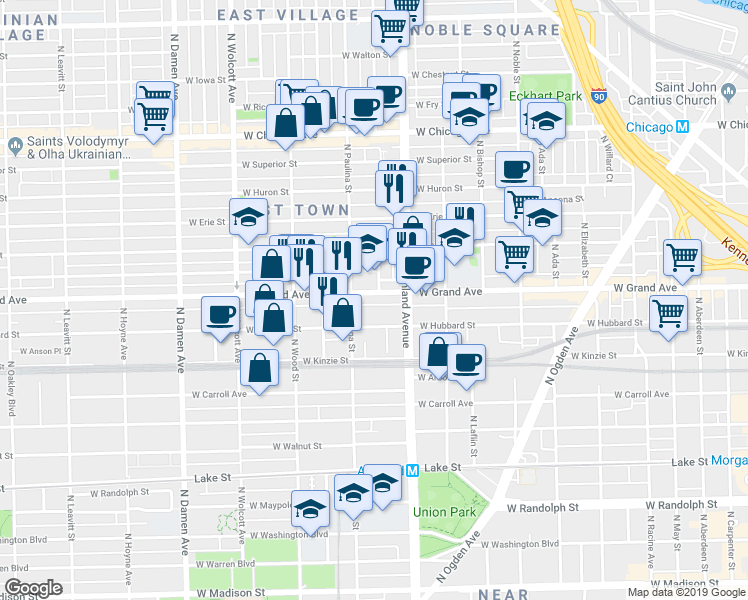 map of restaurants, bars, coffee shops, grocery stores, and more near 1649 West Ferdinand Street in Chicago