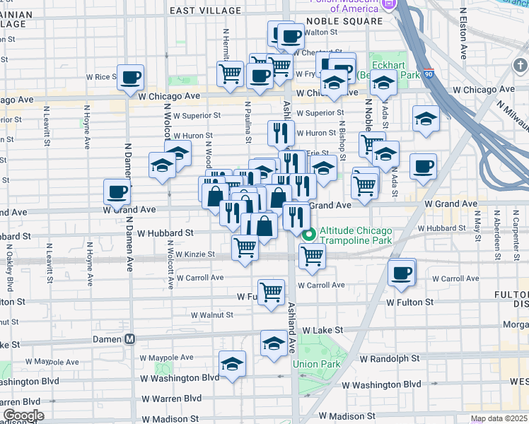 map of restaurants, bars, coffee shops, grocery stores, and more near 1649 West Ferdinand Street in Chicago