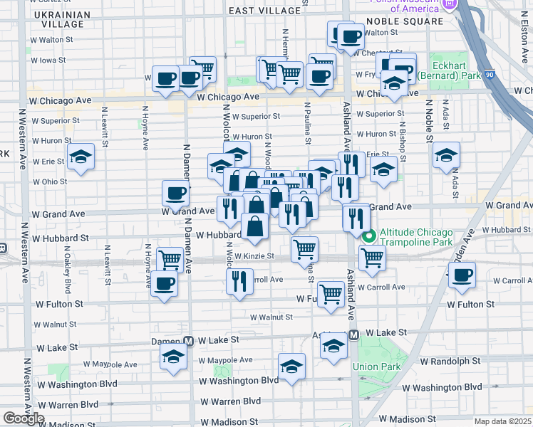 map of restaurants, bars, coffee shops, grocery stores, and more near 1759 West Grand Avenue in Chicago