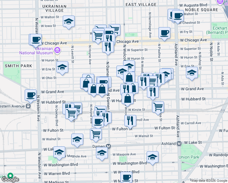 map of restaurants, bars, coffee shops, grocery stores, and more near in Chicago