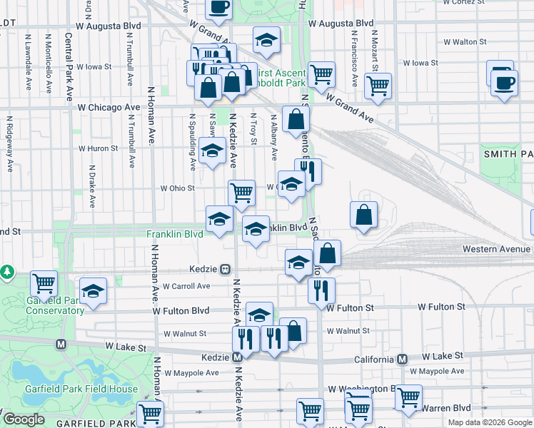 map of restaurants, bars, coffee shops, grocery stores, and more near 505 North Troy Street in Chicago