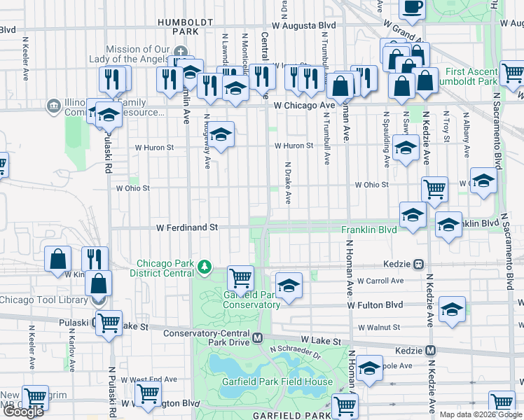 map of restaurants, bars, coffee shops, grocery stores, and more near in Chicago