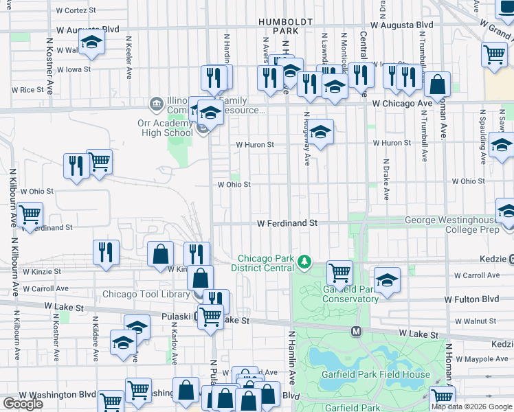 map of restaurants, bars, coffee shops, grocery stores, and more near 519 North Springfield Avenue in Chicago