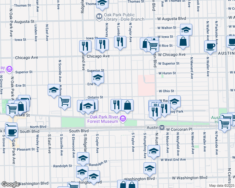 map of restaurants, bars, coffee shops, grocery stores, and more near 205 North Lombard Avenue in Oak Park