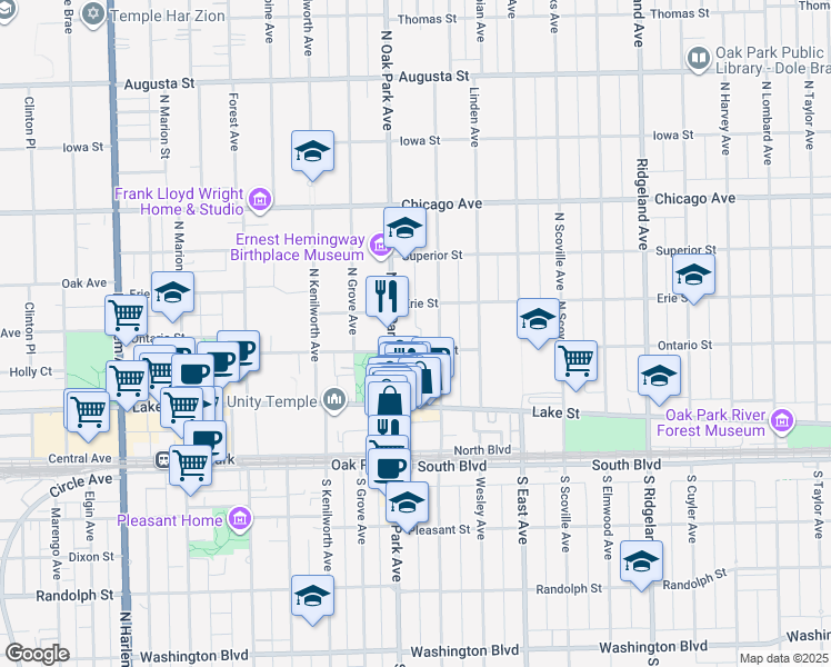 map of restaurants, bars, coffee shops, grocery stores, and more near 720 Ontario Street in Oak Park