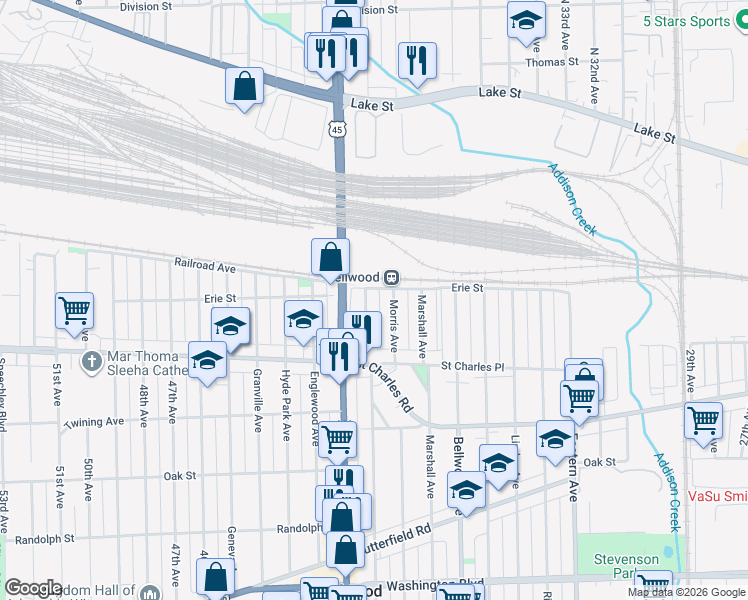 map of restaurants, bars, coffee shops, grocery stores, and more near 109 Frederick Avenue in Bellwood