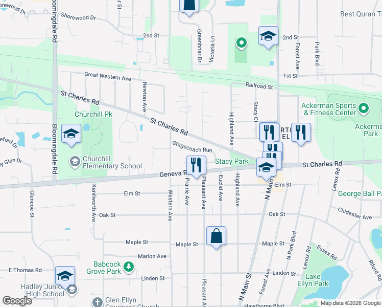 map of restaurants, bars, coffee shops, grocery stores, and more near 448 Stagecoach Court in Glen Ellyn