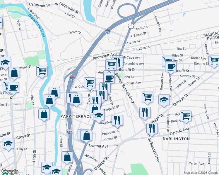 map of restaurants, bars, coffee shops, grocery stores, and more near 645 Broadway in Pawtucket