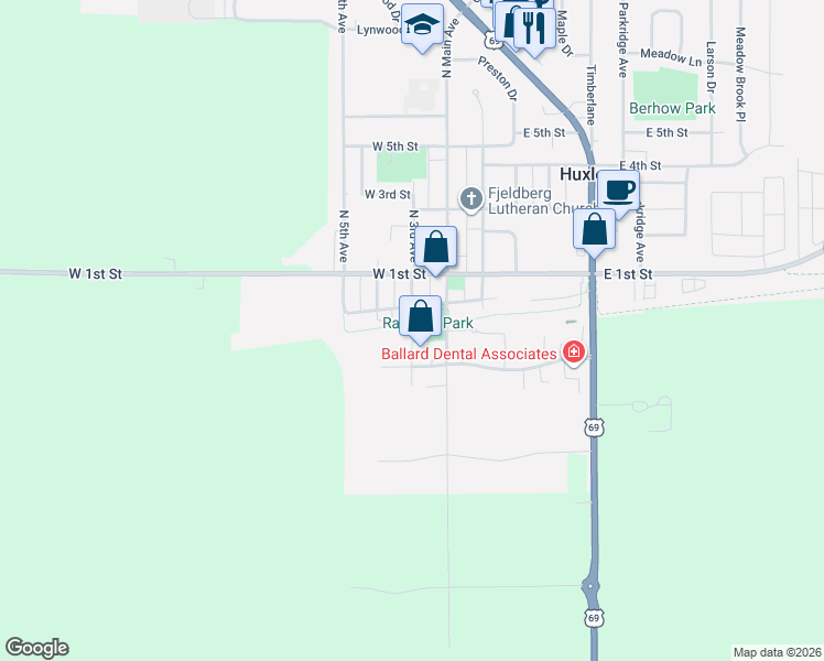 map of restaurants, bars, coffee shops, grocery stores, and more near South 3rd Avenue in Huxley