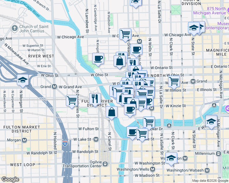 map of restaurants, bars, coffee shops, grocery stores, and more near 500 North Kingsbury Street in Chicago