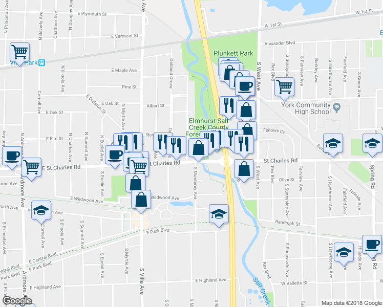 map of restaurants, bars, coffee shops, grocery stores, and more near 295 South Monterey Avenue in Elmhurst