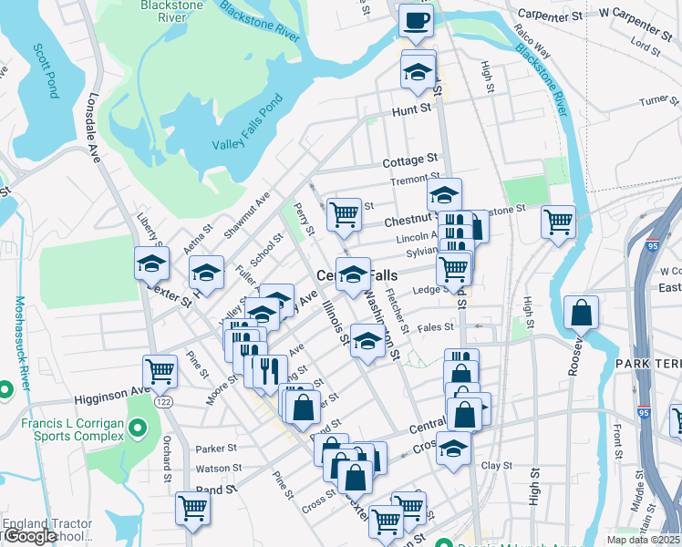 map of restaurants, bars, coffee shops, grocery stores, and more near 21 Hedley Avenue in Central Falls
