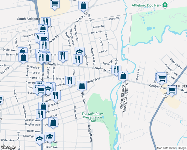 map of restaurants, bars, coffee shops, grocery stores, and more near 17 Thurber Street in Pawtucket