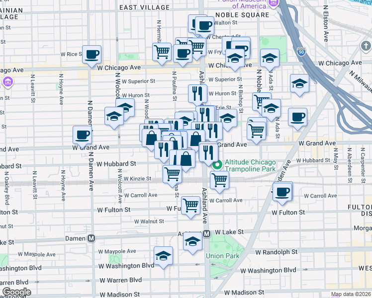 map of restaurants, bars, coffee shops, grocery stores, and more near 1639 West Grand Avenue in Chicago