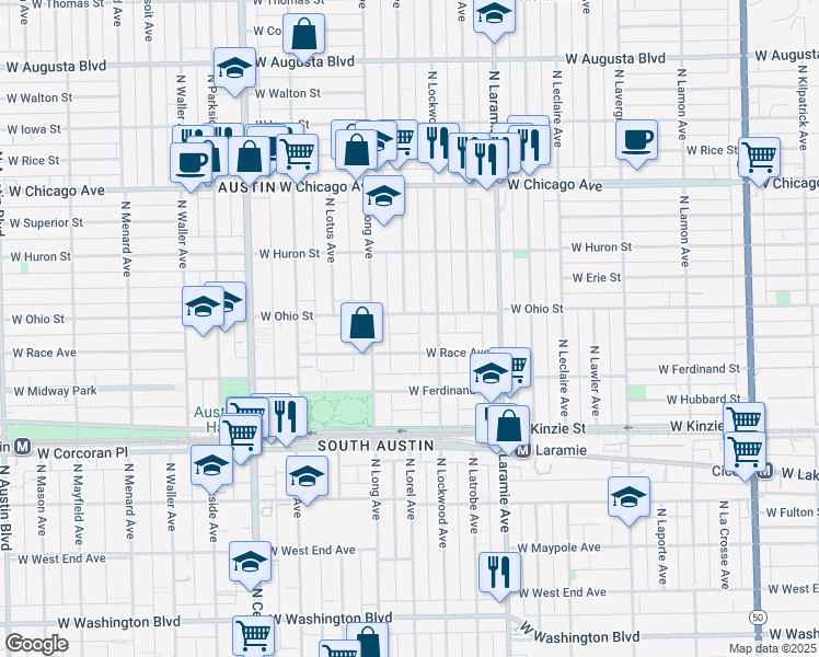 map of restaurants, bars, coffee shops, grocery stores, and more near 5325 West Ohio Street in Chicago