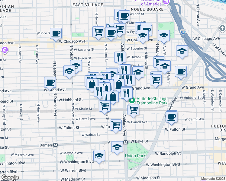 map of restaurants, bars, coffee shops, grocery stores, and more near 1649 West Ferdinand Street in Chicago