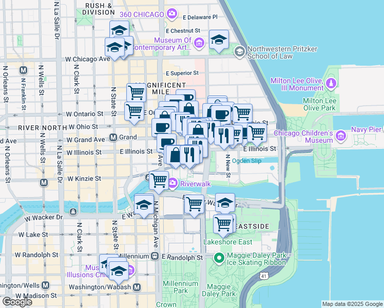 map of restaurants, bars, coffee shops, grocery stores, and more near 455 Cityfront Plaza Drive in Chicago