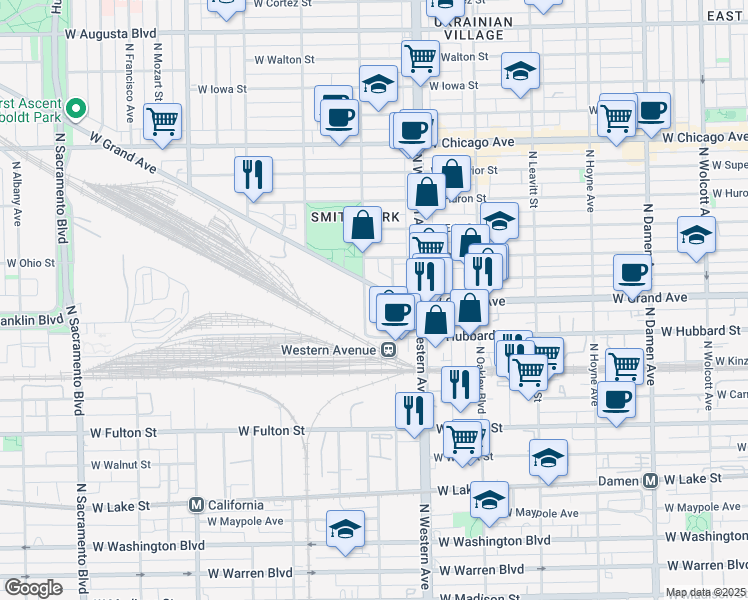 map of restaurants, bars, coffee shops, grocery stores, and more near 466 North Artesian Avenue in Chicago
