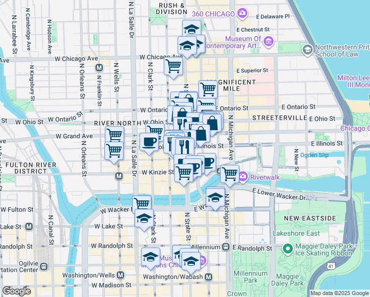 map of restaurants, bars, coffee shops, grocery stores, and more near 11 West Illinois Street in Chicago