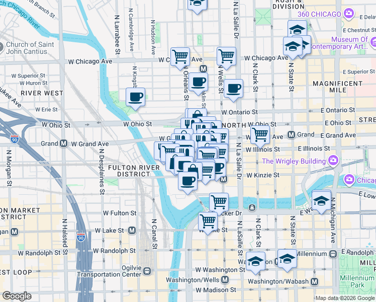 map of restaurants, bars, coffee shops, grocery stores, and more near W Illinois St & N Orleans St in Chicago