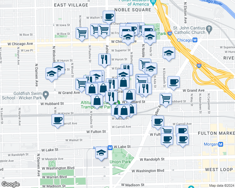 map of restaurants, bars, coffee shops, grocery stores, and more near 1509 West Grand Avenue in Chicago