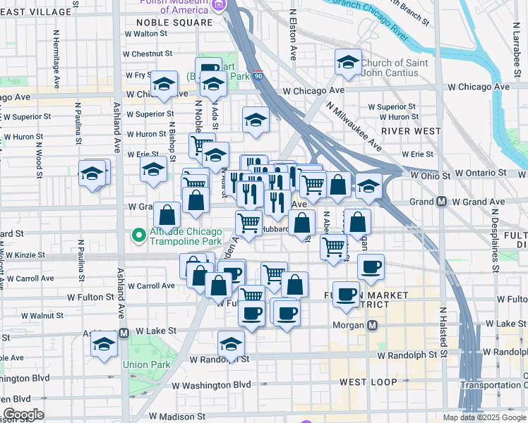 map of restaurants, bars, coffee shops, grocery stores, and more near 453 North Elizabeth Street in Chicago
