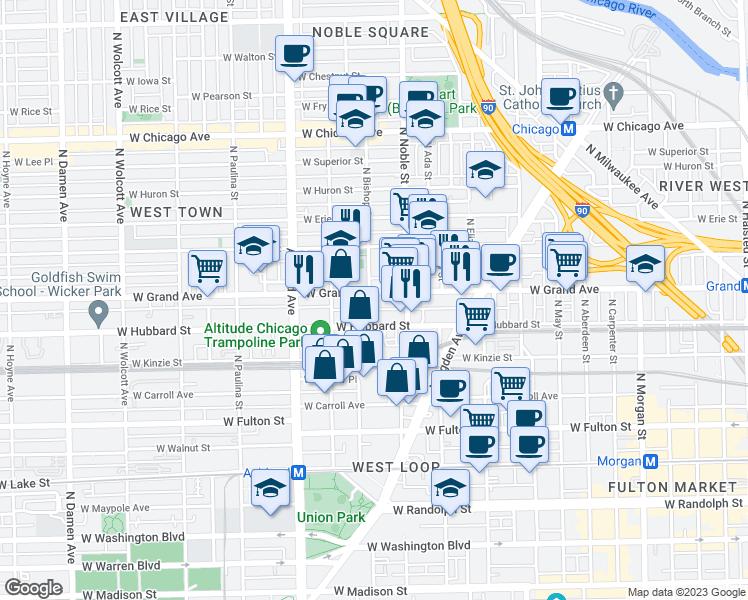 map of restaurants, bars, coffee shops, grocery stores, and more near 1410 West Ferdinand Street in Chicago