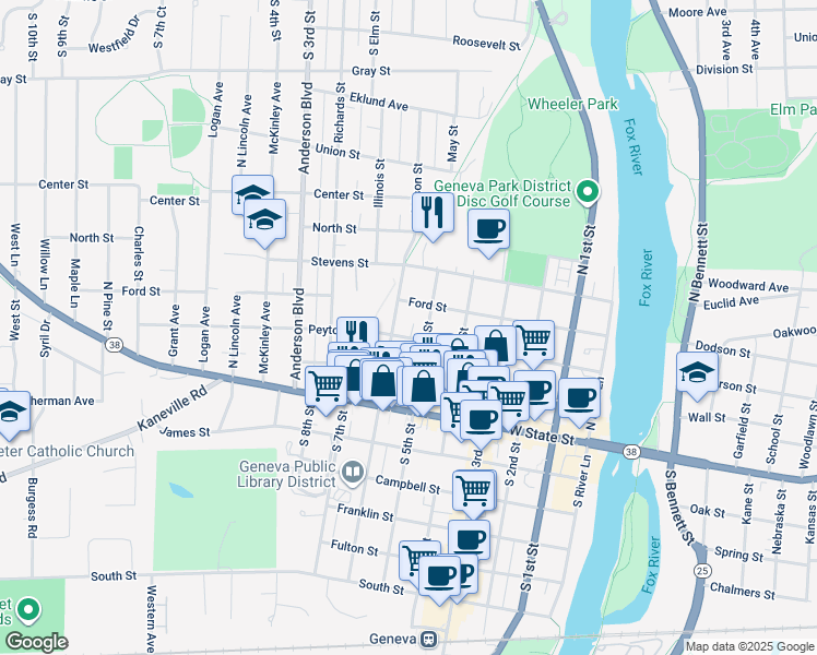 map of restaurants, bars, coffee shops, grocery stores, and more near 517 Peyton Street in Geneva