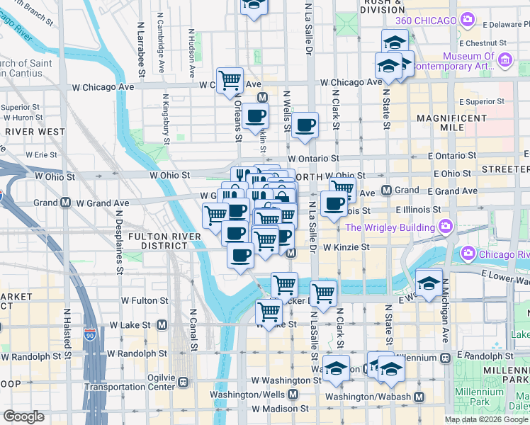 map of restaurants, bars, coffee shops, grocery stores, and more near W Illinois St & N Franklin St in Chicago
