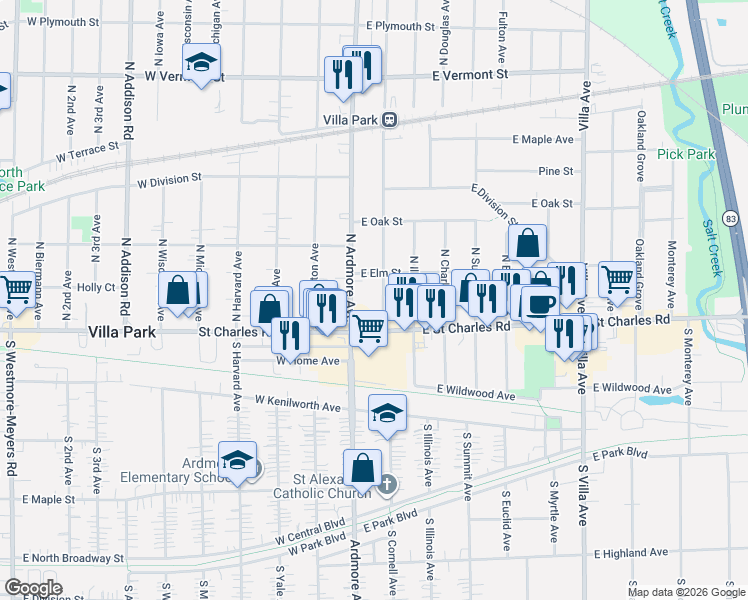 map of restaurants, bars, coffee shops, grocery stores, and more near 20 North Cornell Avenue in Villa Park