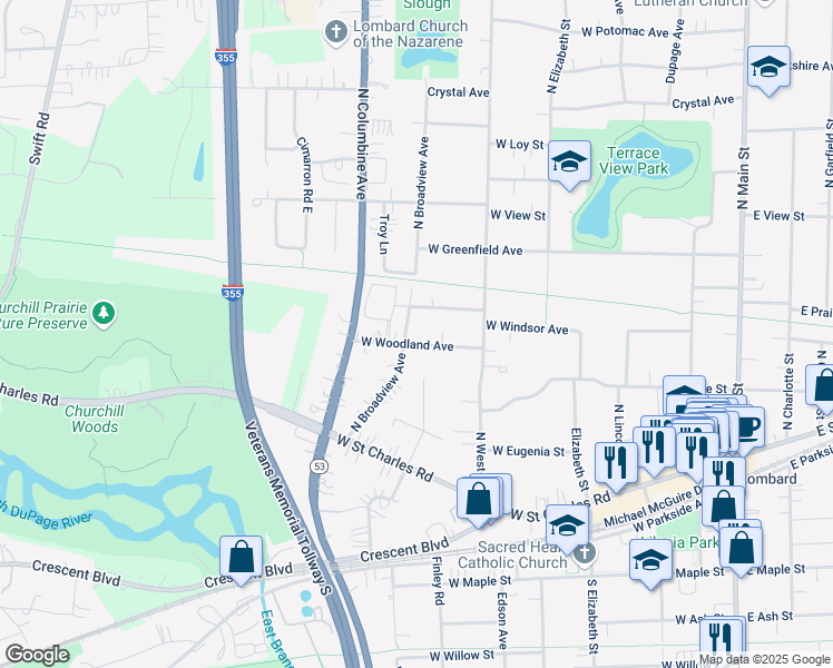 map of restaurants, bars, coffee shops, grocery stores, and more near 448 West Woodland Avenue in Lombard