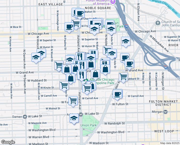 map of restaurants, bars, coffee shops, grocery stores, and more near 1509 West Grand Avenue in Chicago