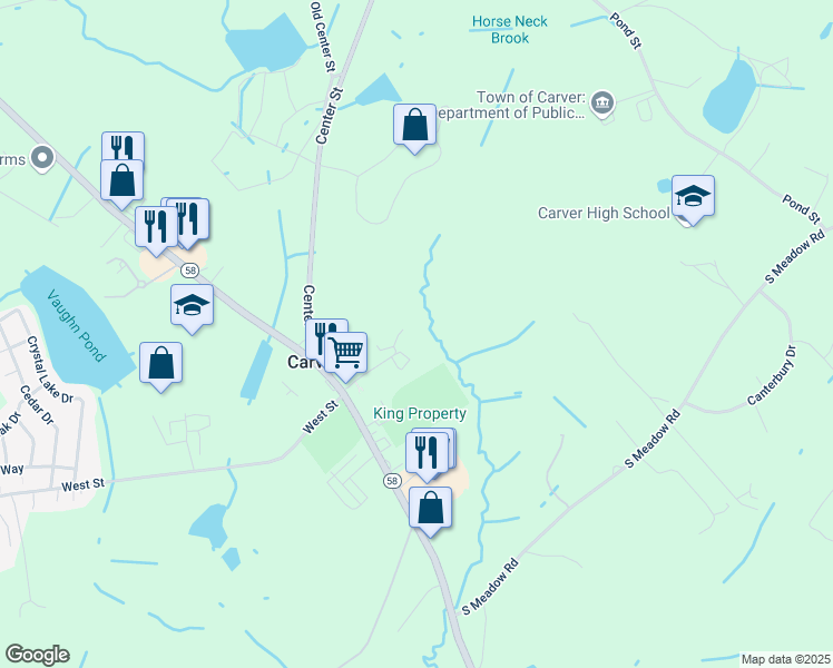 map of restaurants, bars, coffee shops, grocery stores, and more near 9 Meadowbrook Way in Carver