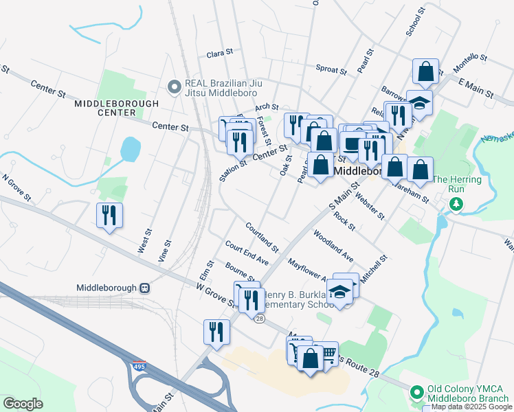 map of restaurants, bars, coffee shops, grocery stores, and more near 13 Oak Street in Middleborough