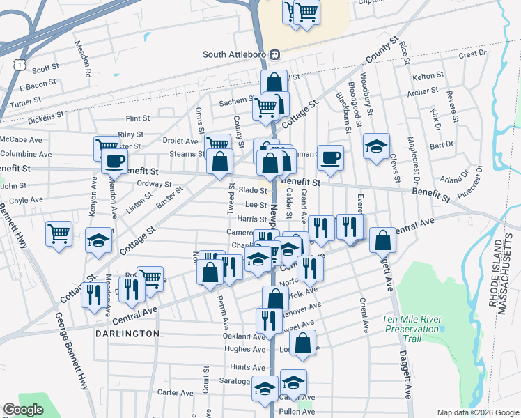 map of restaurants, bars, coffee shops, grocery stores, and more near 174 Harris Street in Pawtucket