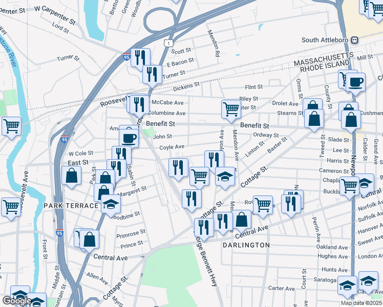 map of restaurants, bars, coffee shops, grocery stores, and more near 127 Webster Street in Pawtucket