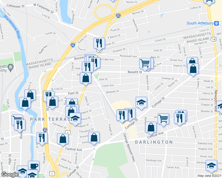 map of restaurants, bars, coffee shops, grocery stores, and more near 64 Webster Street in Pawtucket