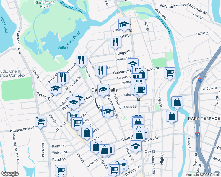 map of restaurants, bars, coffee shops, grocery stores, and more near in Central Falls