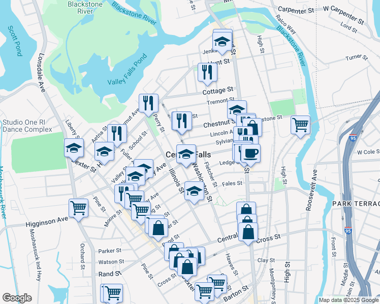 map of restaurants, bars, coffee shops, grocery stores, and more near in Central Falls